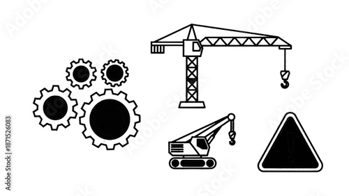 Vector illustration of industrial construction equipment, gears, and a triangular warning sign on transparent background