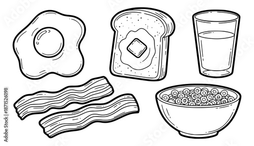 Set of hand-drawn breakfast food illustrations including a fried egg, toast with butter, bacon, milk, and cereal in a simple black and white doodle line art style