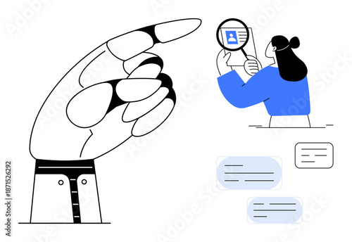 Identity verification. Identity focused graphics human hand, person with magnifying glass analyzing digital ID. Identity for authentication, security, online interactions, digital apps