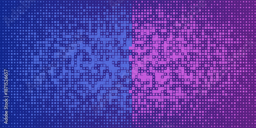Purple Blue Digital Technology Futuristic Background. Square Pixels Pattern with Lighting Glowing Particles Square Elements. Technology or Science Research Presentation Backdrop. Vector Illustration.