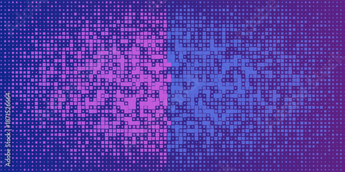 Purple Blue Digital Technology Futuristic Background. Square Pixels Pattern with Lighting Glowing Particles Square Elements. Technology or Science Research Presentation Backdrop. Vector Illustration.