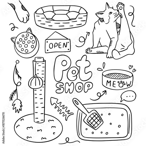 Hand Drawn Cat Pet Shop Doodle Collection with Cute Feline Supplies Food Bowls Toys and Care Items