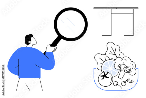 Analysis, health, productivity, diet, nutrition, research. A person holding a magnifying glass, a table and a bowl of vegetables. Analysis and health concept in abstract design