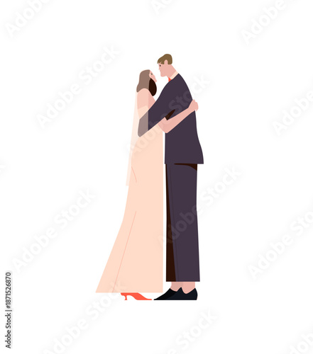 Bride and groom on wedding day. Happy newlywed love couple hugging and smiling. Just married family, romantic marriage celebration. Flat graphic vector illustration isolated on white background