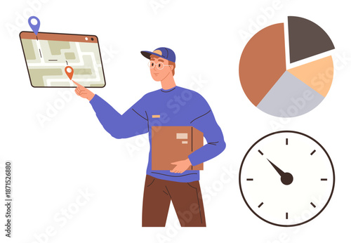 Package delivery, logistics tracking, time management, ecommerce operations, business solutions, courier services. A delivery worker pointing at a map with a pie chart and clock. Logistics tracking