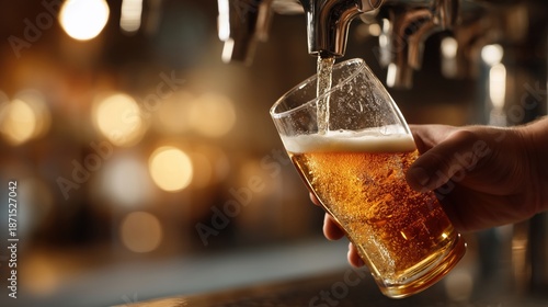 Cold beer poured from tap at bar