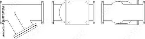 Technical industrial vector of a Y-strainer pipe valve, featuring multi-angle elevation views for engineering and plumbing.