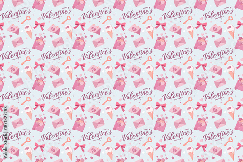 Seamless Valentine s Day pattern with pink envelopes, heart keys, bows, gifts, ice cream, and Happy Valentine s Day text on a light blue background