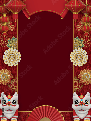 chinese nw year frame with lions, flowers and red lanterns