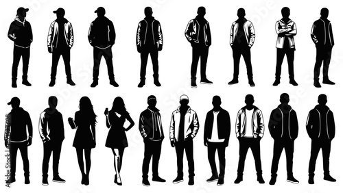 Vector silhouettes men and women, illustration. Silhouettes of young people posing in casual clothes. Transparent background SVG version.