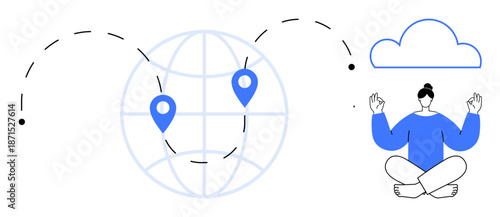 Global networking, data exchange, cloud computing, mindfulness, digital communication, mental well-being. Globe with location pins, person meditating cloud. Global networking and mindfulness concept