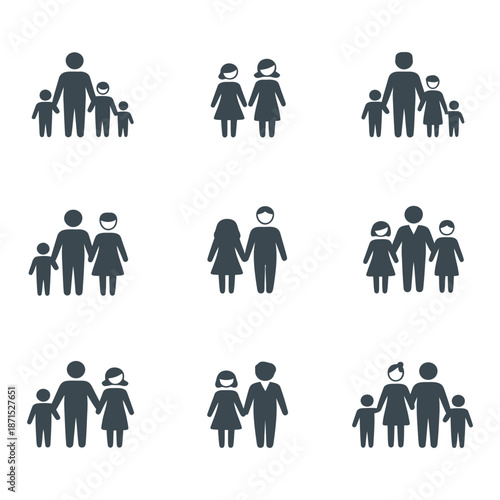 Collection of Family Icons Diverse Family Structures Representing Kinship Relationships Parenthood and Community Vector Illustrations
