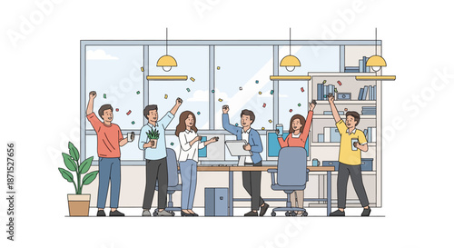 Diverse team celebrating success in modern office environment.