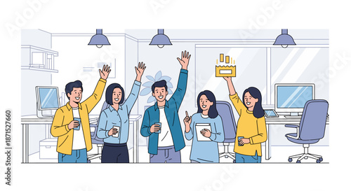 Group of colleagues celebrating success in modern office environment.