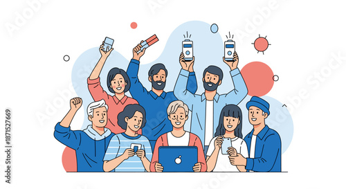 Diverse group of people celebrating with mobile devices and credit cards.