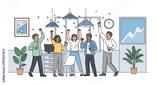 Diverse team celebrating success in modern office environment.