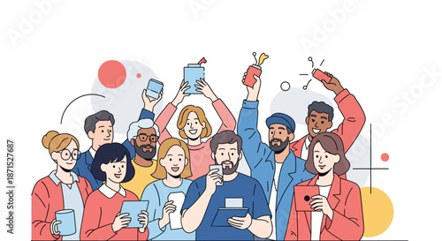 Diverse group of people celebrating together with smartphones.