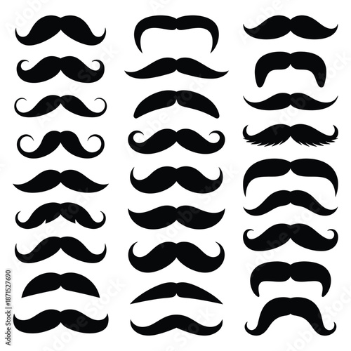 Collection of various mustache styles showcasing diverse shapes and designs representing masculinity and facial hair fashion on white background