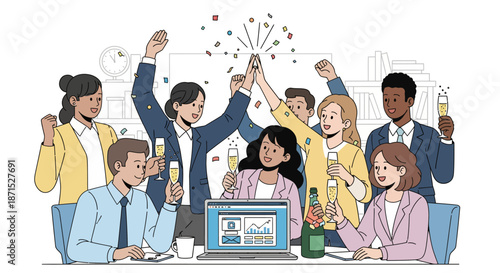 Diverse team celebrating success around laptop with confetti.