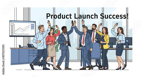 Team Celebrating Successful Product Launch in Modern Office.