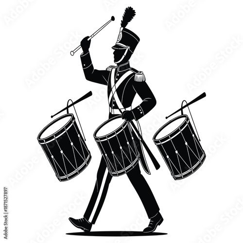 Drum major in marching band with drums performing with baton at parade for celebration concert with music in uniform on white background is isolated