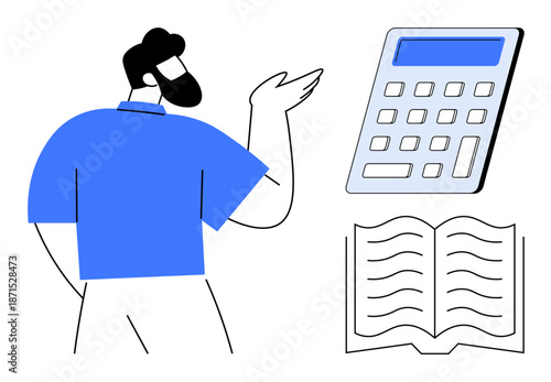 Business education, financial planning, data analysis, online learning, teaching tools, study concepts. A man gestures to a calculator and book. Business education and financial planning concept