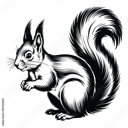 Squirrel full length vector illustration of rodent animal in monochrome close up fluffy bushy tail and fur standing paws vintage retro engraving style