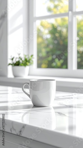 Wallpaper Mural A serene kitchen scene featuring a white cup on a marble countertop with a sunny view Torontodigital.ca