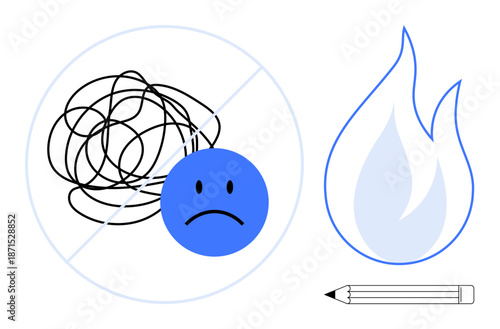 Mental health, emotional expression, creativity, stress relief, personal growth, motivation. A sad face with scribbles, flame and pencil. Mental health and emotional expression concepts