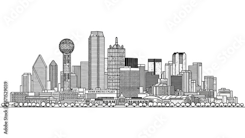 Illustration of Dallas cityscape with prominent skyscrapers and architectural landmarks in a detailed black and white viewpoint