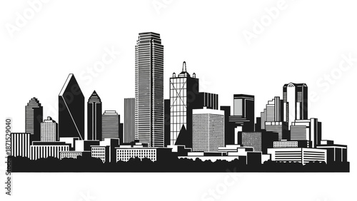 Urban cityscape illustration featuring modern skyscrapers and architecture in a monochrome style from a low-angle viewpoint