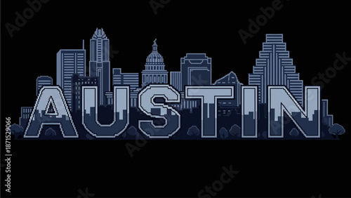 A futuristic cityscape with the word AUSTIN formed by sleek skyscrapers and modern architecture against a dark background