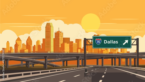 Highway leading to Dallas city with cityscape and highway sign at sunset