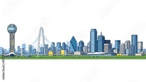 Cityscape illustration with modern architecture and green spaces viewed from a distance