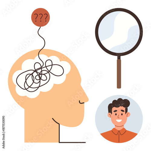 Mental health, self-awareness, problem-solving, personal growth, psychological study, emotional wellbeing. A tangled brain, magnifying glass and smiling man. Mental health and self-awareness