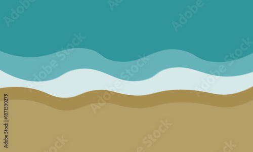 A background with an abstract blue ocean, featuring wavy lines, a sandy beach, and sea waves.