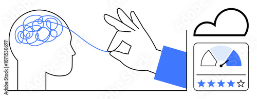 Mental clarity. Visualizing mental clarity through untangling thoughts, cloud integration, and performance rating. Mental clarity concept for productivity, innovation, and mental health management