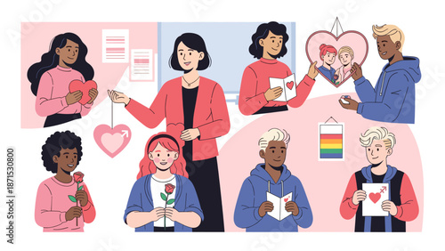 A cheerful cartoon woman with dark skin and curly hair holds a pink rose, conveying a sense of happiness and appreciation.