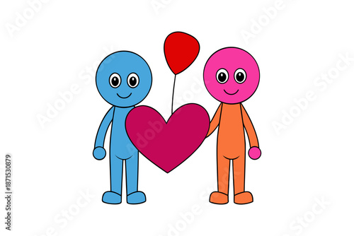 Two cartoon figures sharing a heart and balloon, representing love isolated on white background