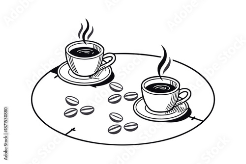 Two cups of coffee placed symmetrically on a table, shared moment, morning beverage, cozy lifestyle, warm drink, friendship, intimate coffee scene, minimal composition