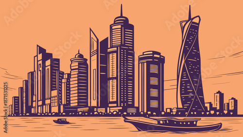 Doha skyline showcases purple dubai line art among boats in a vibrant global architectural scene, suitable for travel brochures and websites.