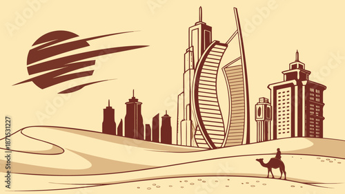 Doha skyline contrast with camel rider in desert resembling dubai afar. Suitable for middle east travel and cityscape concepts.