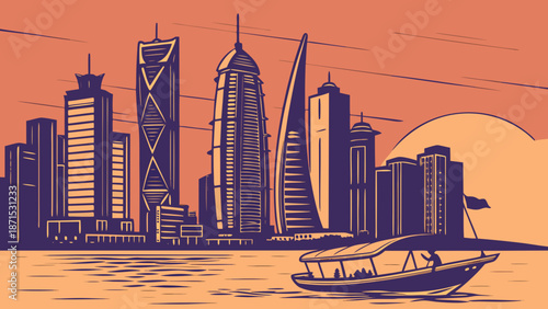 Doha skyline waterfront view with modern buildings and boat. Suitable for travel, architecture, real estate, and urban development projects.