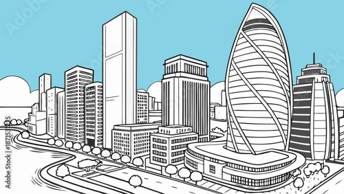 Doha skyline in a whimsical black and white cartoon cityscape, featuring modern skyscrapers. Ideal for travel websites, editorial pieces, and citythemed designs.