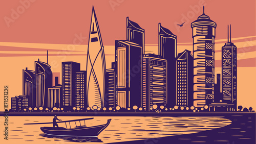 Doha skyline cityscape with a boat reflects on the water, ideal for travel brochures, website banners, or social media posts.