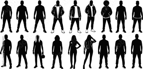 Vector silhouettes men and women, illustration. Silhouettes of young people posing in casual clothes. Transparent background EPS version.