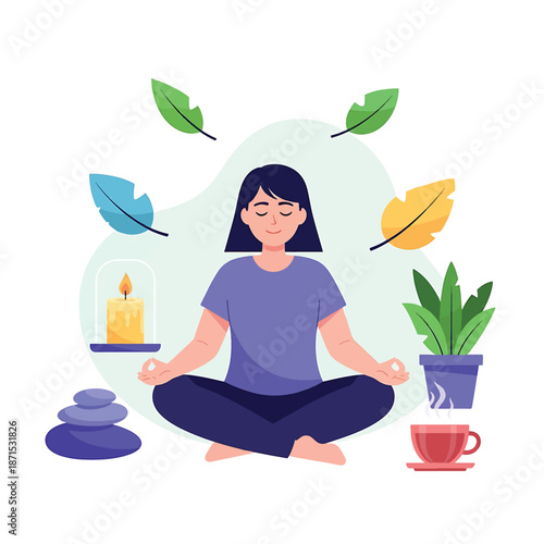Mindfulness meditation illustrations of a woman meditating surrounded by nature elements and relaxation symbols for wellness and healthy lifestyle