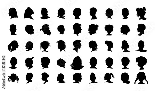 Set of silhouettes of people's heads. hand drawn. Not AI, Vector illustration
