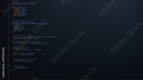 Lines of computer code on a dark screen. Programming language for web development, software, and application projects.