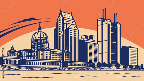 Detroit skyline captures buildings and skyscrapers in blue silhouette, ideal for urbanthemed designs, promotional materials, or travelrelated content.